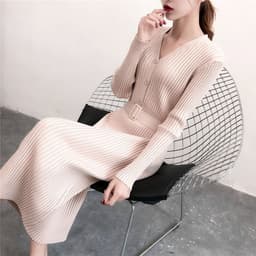 image-Women's Korean Style V-Neck Long Knit Sweater Dress