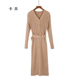 image-Women's Korean Style V-Neck Long Knit Sweater Dress