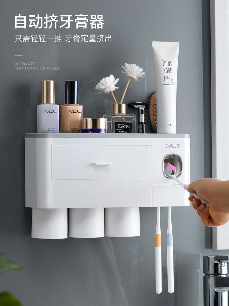 image-Wall-Mounted Toothbrush Holder Set with Cups - 4 Person Family
