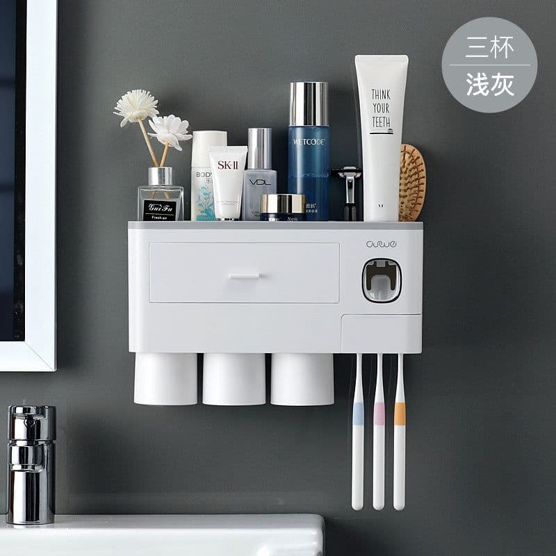 image-Wall-Mounted Toothbrush Holder Set with Cups - 4 Person Family