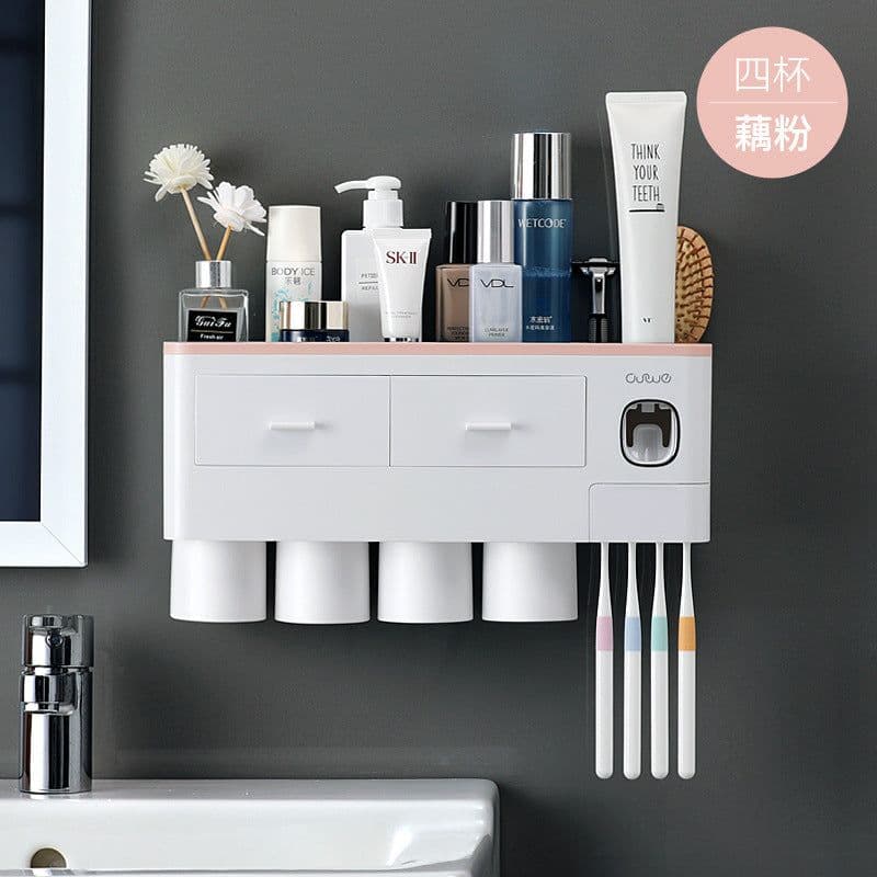 image-Wall-Mounted Toothbrush Holder Set with Cups - 4 Person Family