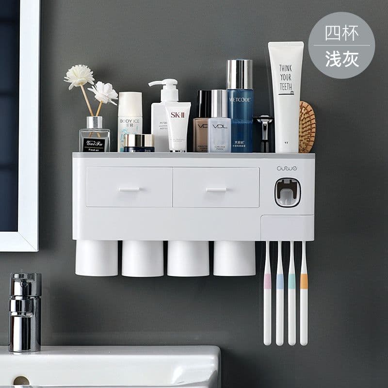 image-Wall-Mounted Toothbrush Holder Set with Cups - 4 Person Family