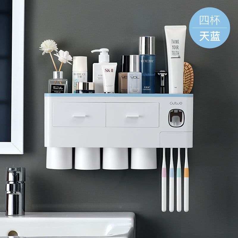 image-Wall-Mounted Toothbrush Holder Set with Cups - 4 Person Family
