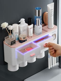 image-Wall-Mounted Toothbrush Holder Set with Cups - 4 Person Family