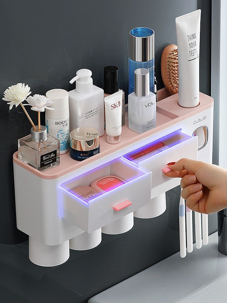 image-Wall-Mounted Toothbrush Holder Set with Cups - 4 Person Family