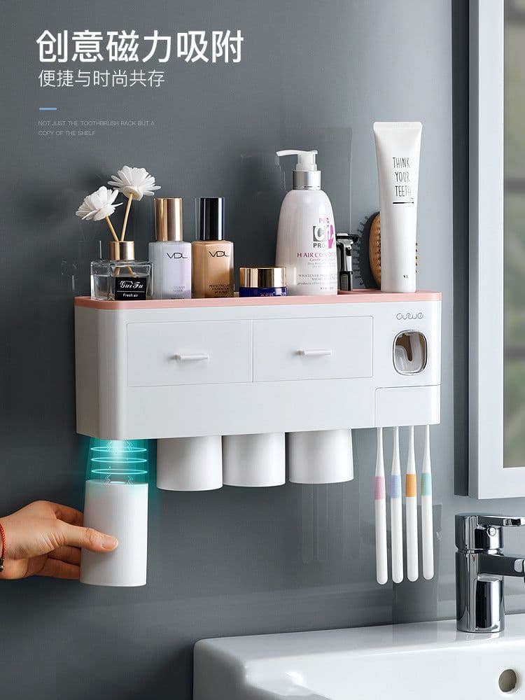 image-Wall-Mounted Toothbrush Holder Set with Cups - 4 Person Family