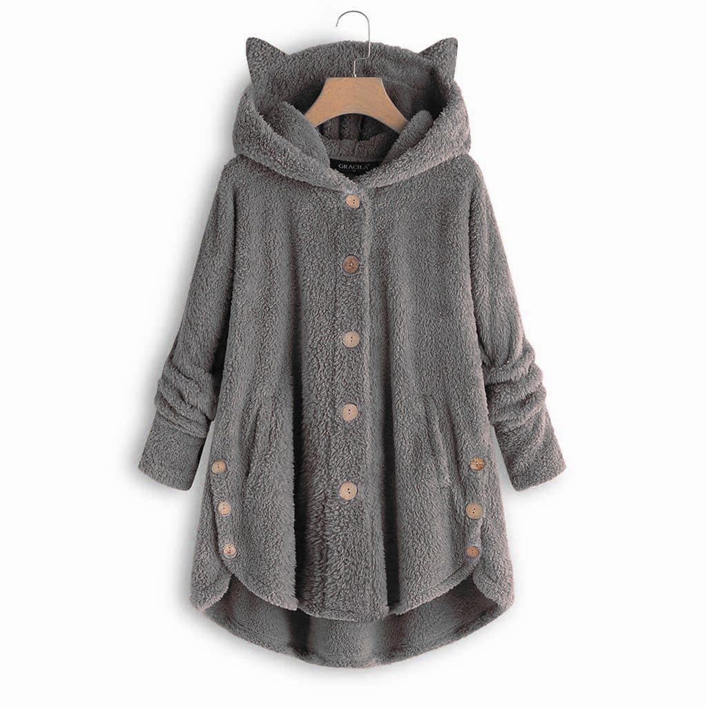 image-Women's Hooded Plush Jacket with Cat Ears - Solid Color Loose Fit