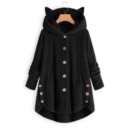 image-Women's Hooded Plush Jacket with Cat Ears - Solid Color Loose Fit