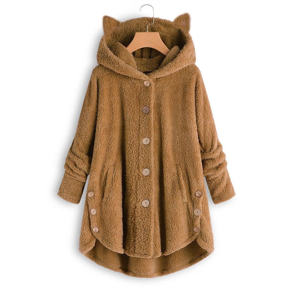 image-Women's Hooded Plush Jacket with Cat Ears - Solid Color Loose Fit