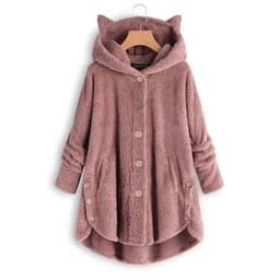 image-Women's Hooded Plush Jacket with Cat Ears - Solid Color Loose Fit