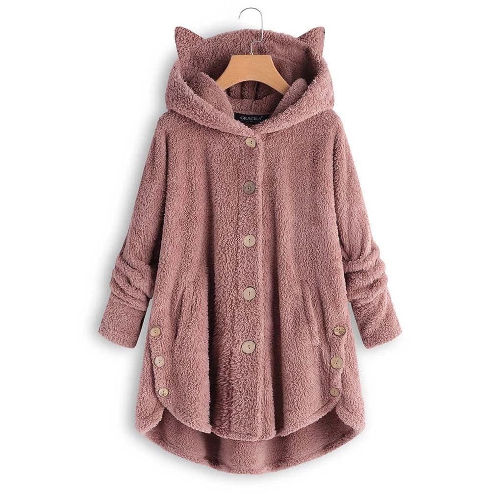 image-Women's Hooded Plush Jacket with Cat Ears - Solid Color Loose Fit