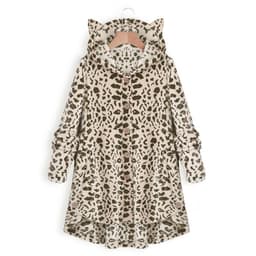 image-Women's Hooded Plush Jacket with Cat Ears - Solid Color Loose Fit