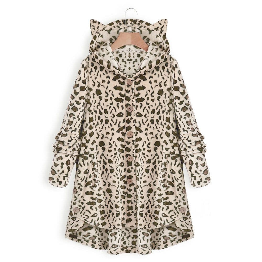 image-Women's Hooded Plush Jacket with Cat Ears - Solid Color Loose Fit