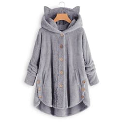 image-Women's Hooded Plush Jacket with Cat Ears - Solid Color Loose Fit