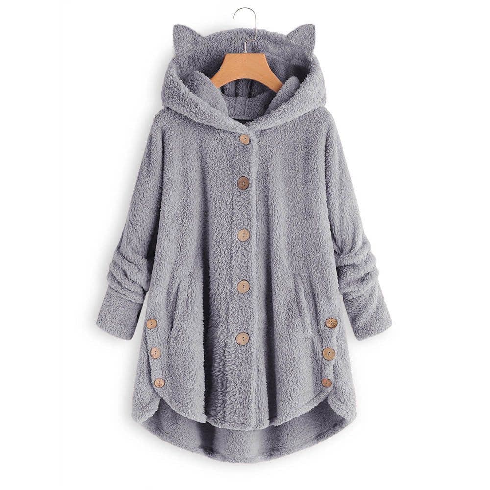 image-Women's Hooded Plush Jacket with Cat Ears - Solid Color Loose Fit