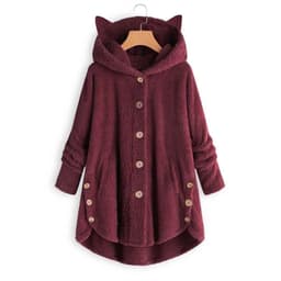 image-Women's Hooded Plush Jacket with Cat Ears - Solid Color Loose Fit