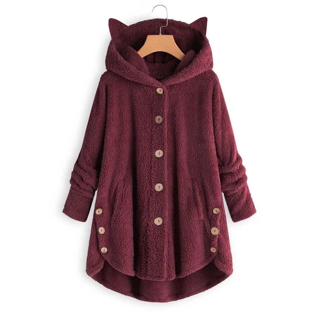 image-Women's Hooded Plush Jacket with Cat Ears - Solid Color Loose Fit