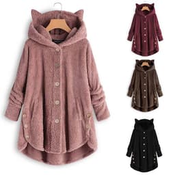 image-Women's Hooded Plush Jacket with Cat Ears - Solid Color Loose Fit