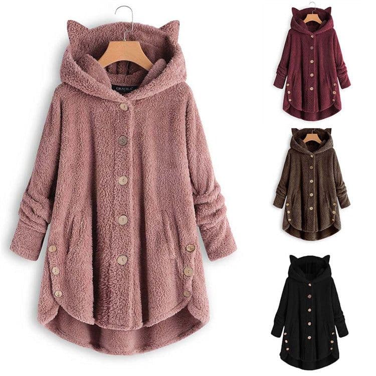 image-Women's Hooded Plush Jacket with Cat Ears - Solid Color Loose Fit