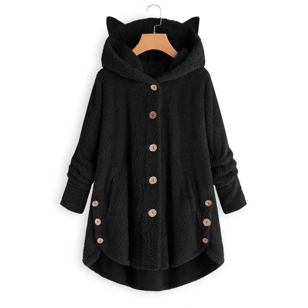 image-Women's Hooded Plush Jacket with Cat Ears - Solid Color Loose Fit