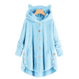 image-Women's Hooded Plush Jacket with Cat Ears - Solid Color Loose Fit