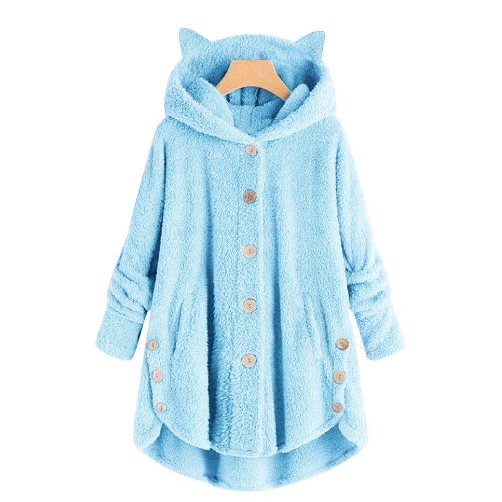 image-Women's Hooded Plush Jacket with Cat Ears - Solid Color Loose Fit