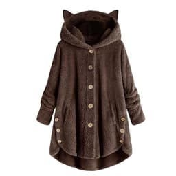 image-Women's Hooded Plush Jacket with Cat Ears - Solid Color Loose Fit