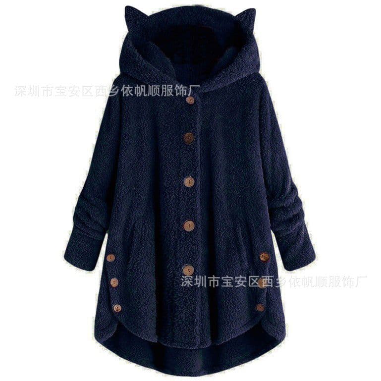 image-Women's Hooded Plush Jacket with Cat Ears - Solid Color Loose Fit