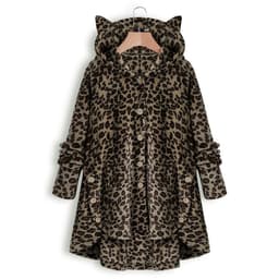 image-Women's Hooded Plush Jacket with Cat Ears - Solid Color Loose Fit