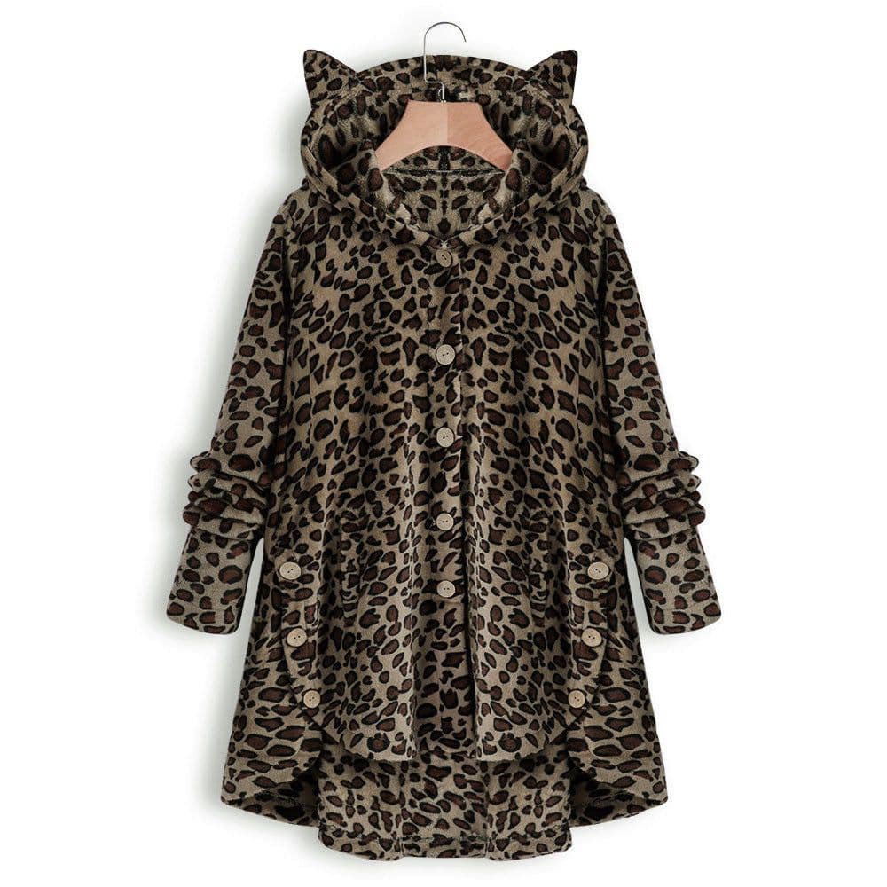 image-Women's Hooded Plush Jacket with Cat Ears - Solid Color Loose Fit