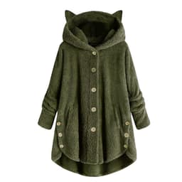 image-Women's Hooded Plush Jacket with Cat Ears - Solid Color Loose Fit