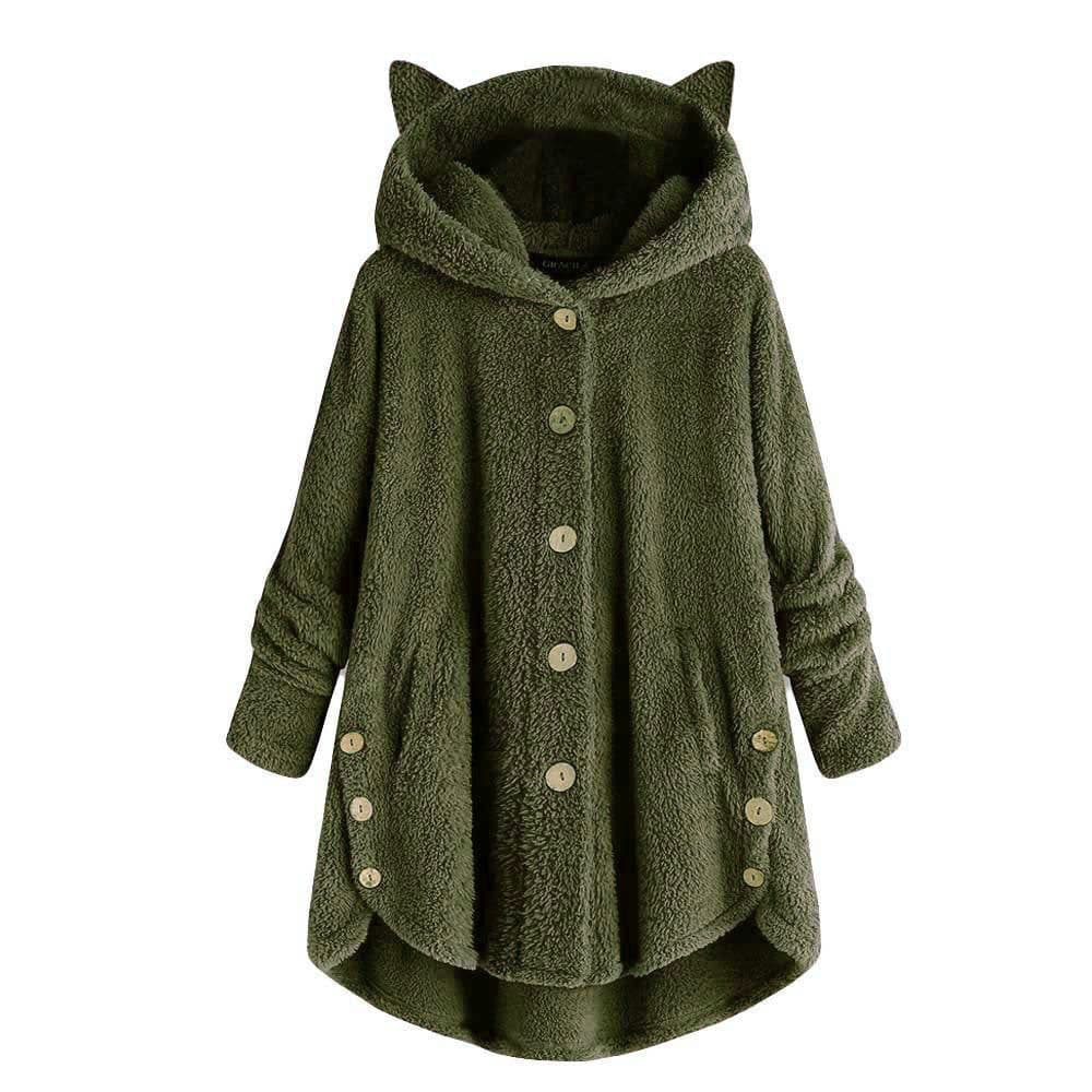 image-Women's Hooded Plush Jacket with Cat Ears - Solid Color Loose Fit