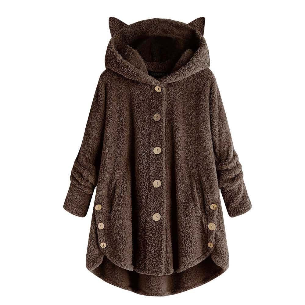 image-Women's Hooded Plush Jacket with Cat Ears - Solid Color Loose Fit
