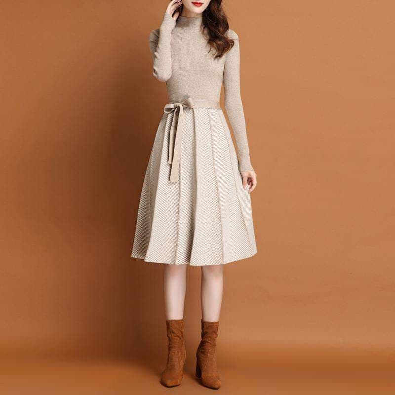 image-Women's Turtleneck Knit Sweater Dress Long Sleeve Pullover Camel