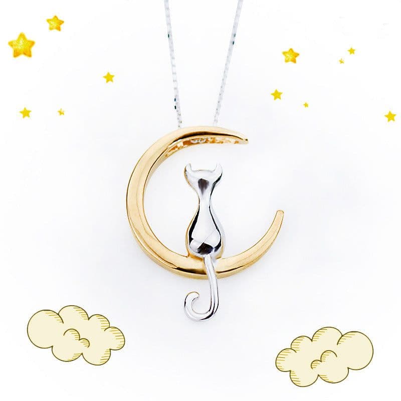 image-Fashion Cat Moon Pendant Necklace Silver Gold Chain Jewelry Gift