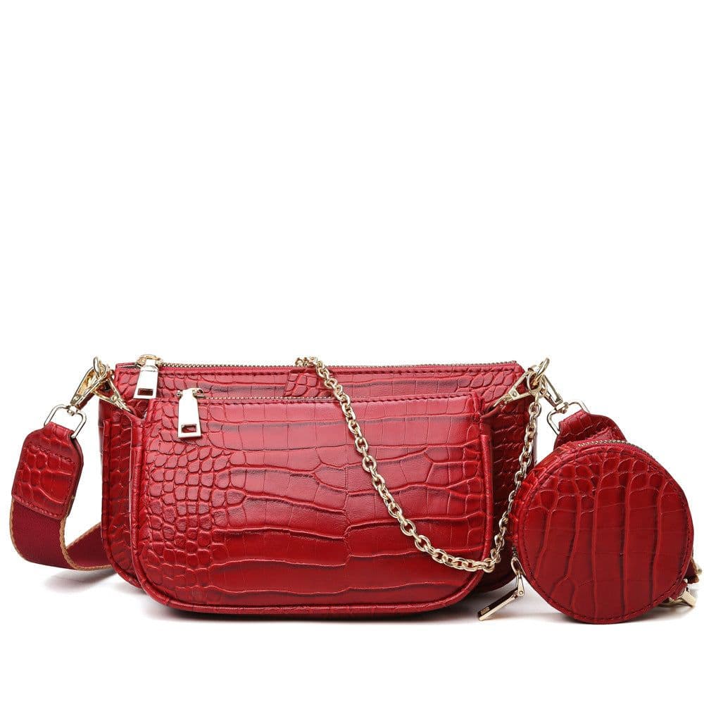 image-Women's Brown Crocodile Pattern PU Shoulder Bag with Chain 3-Piece Set