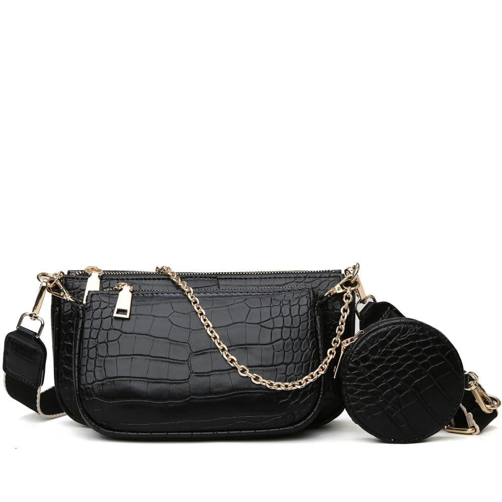 image-Women's Brown Crocodile Pattern PU Shoulder Bag with Chain 3-Piece Set