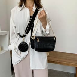 image-Women's Brown Crocodile Pattern PU Shoulder Bag with Chain 3-Piece Set