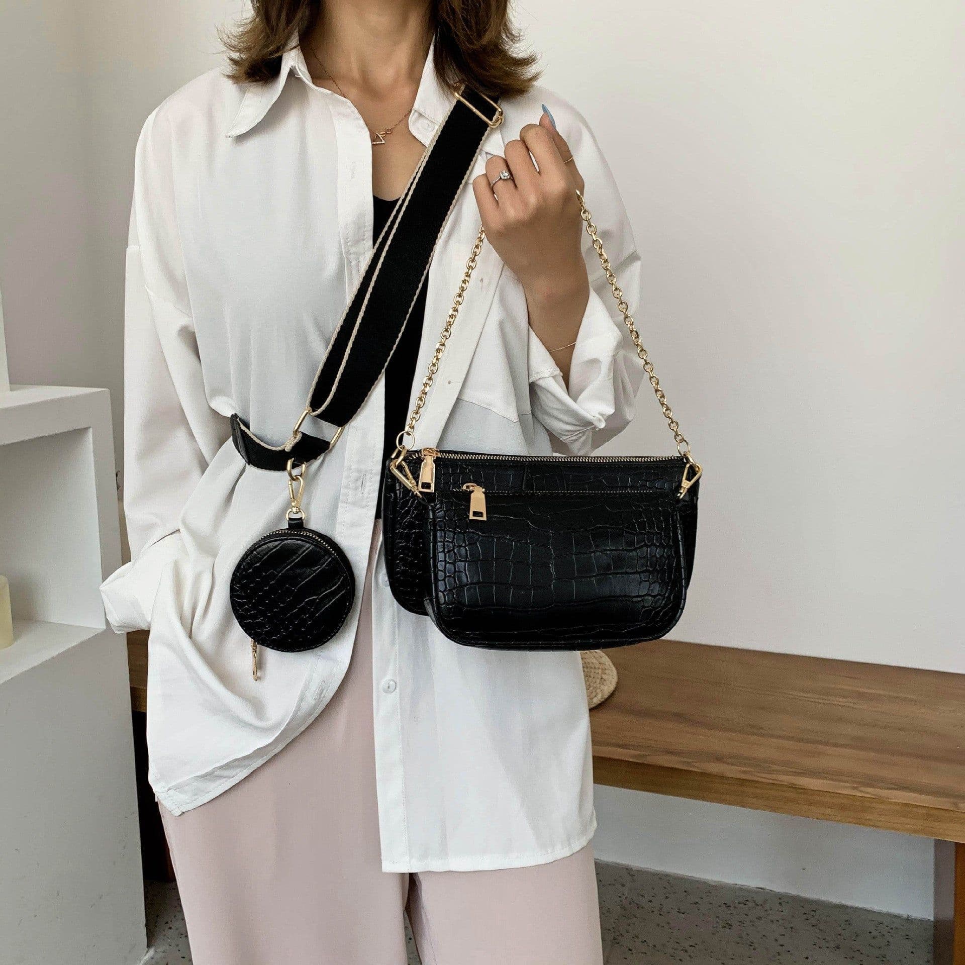 image-Women's Brown Crocodile Pattern PU Shoulder Bag with Chain 3-Piece Set