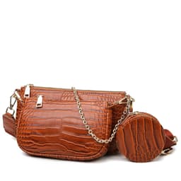 image-Women's Brown Crocodile Pattern PU Shoulder Bag with Chain 3-Piece Set