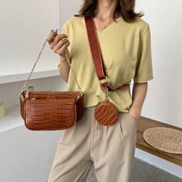 image-Women's Brown Crocodile Pattern PU Shoulder Bag with Chain 3-Piece Set