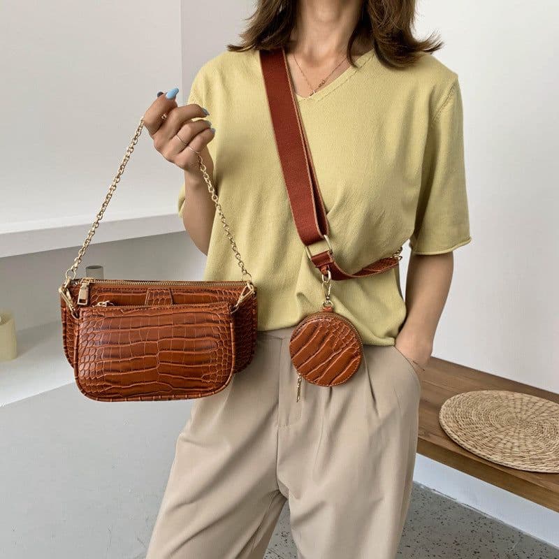 image-Women's Brown Crocodile Pattern PU Shoulder Bag with Chain 3-Piece Set