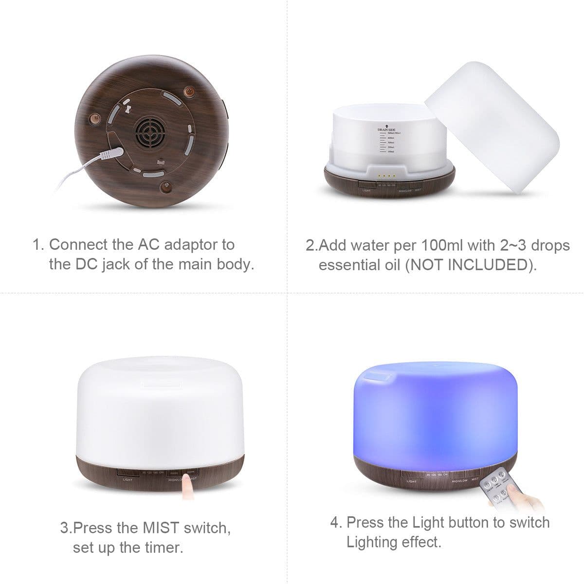image-Kingdakang 500ml Ultrasonic Aroma Diffuser Humidifier Wood Grain
