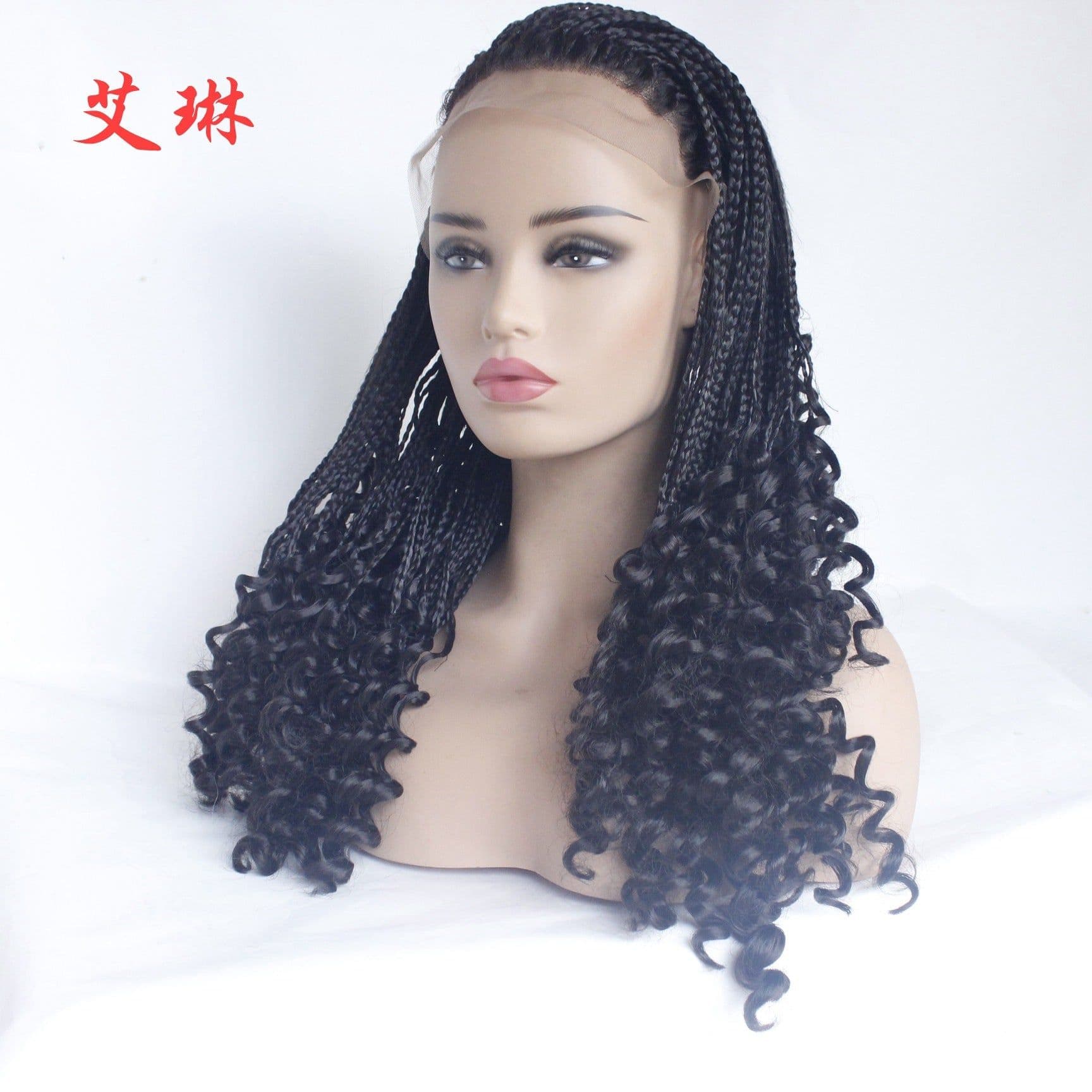 image-Women's Braided Lace Front Wig with Curly Ends High Temperature Fiber