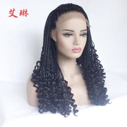 image-Women's Braided Lace Front Wig with Curly Ends High Temperature Fiber