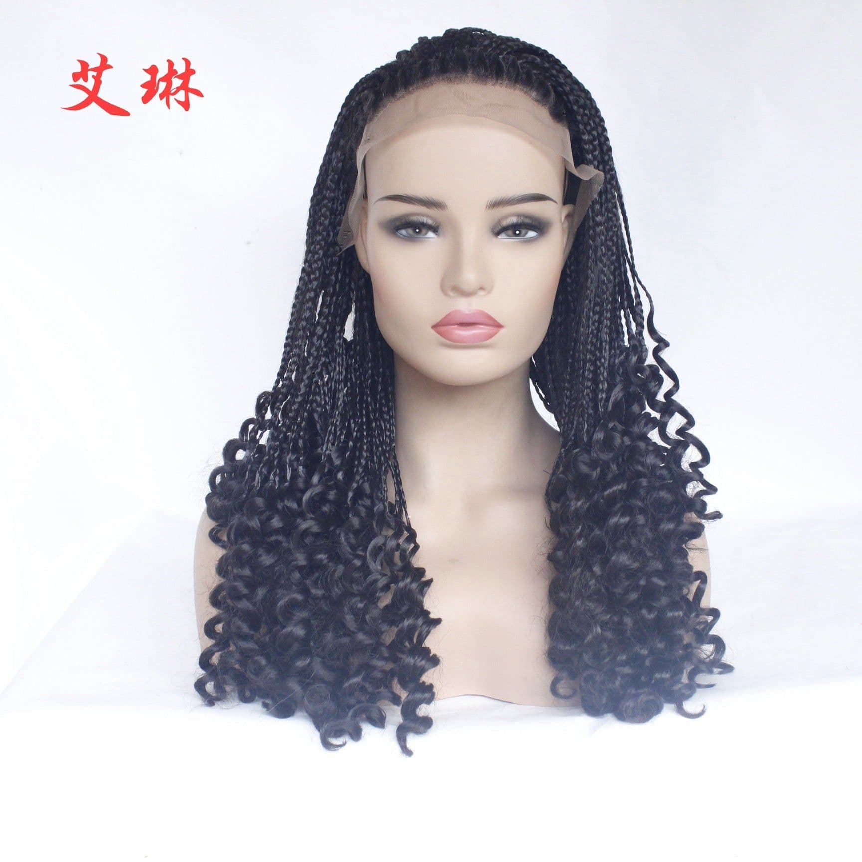 image-Women's Braided Lace Front Wig with Curly Ends High Temperature Fiber