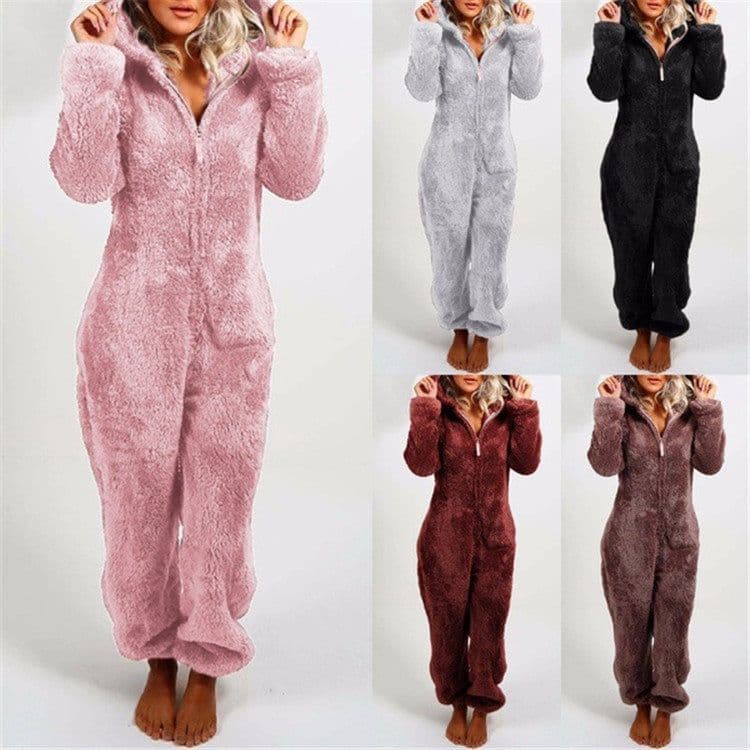 image-Women's Hooded Plush Jumpsuit Pajamas Winter Sleepwear