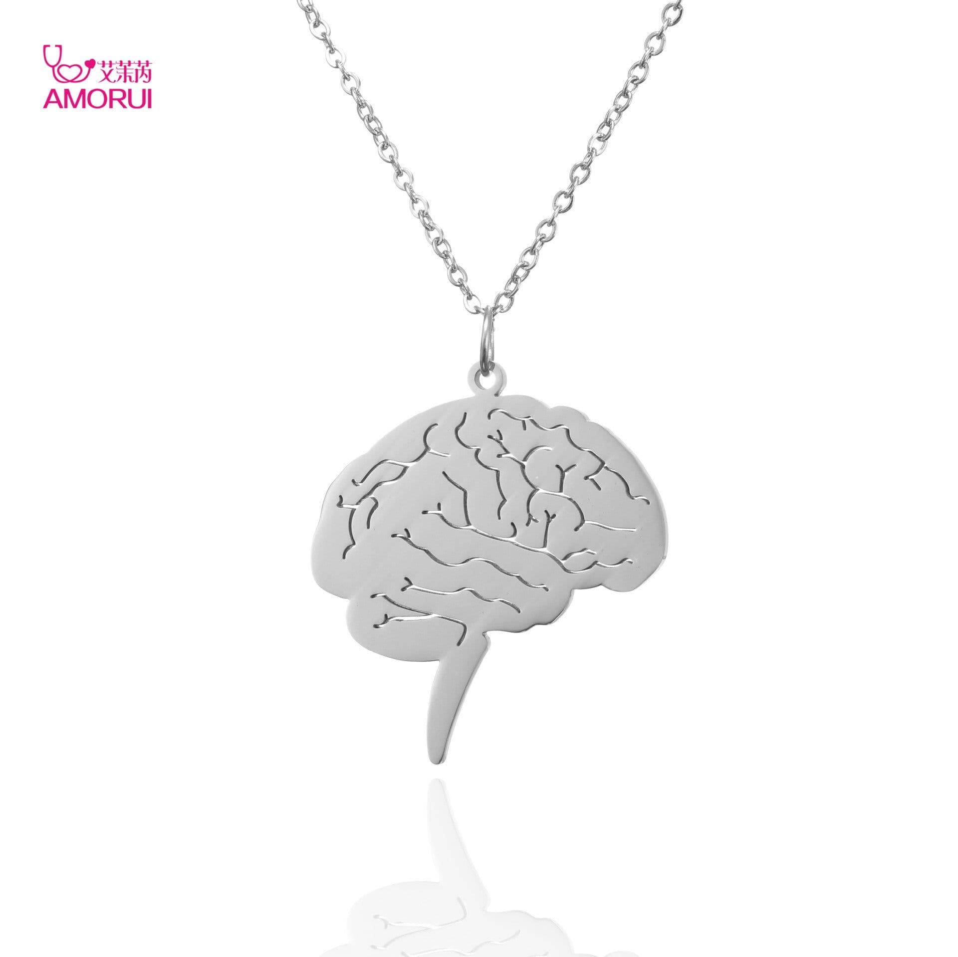 image-AMORUI Stainless Steel Brain Pendant Necklace Gold Unisex