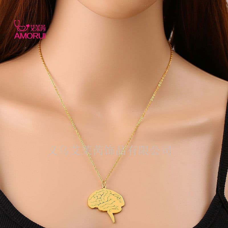 image-AMORUI Stainless Steel Brain Pendant Necklace Gold Unisex