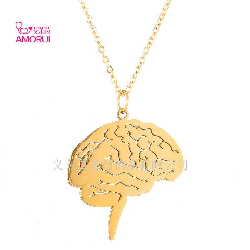 image-AMORUI Stainless Steel Brain Pendant Necklace Gold Unisex